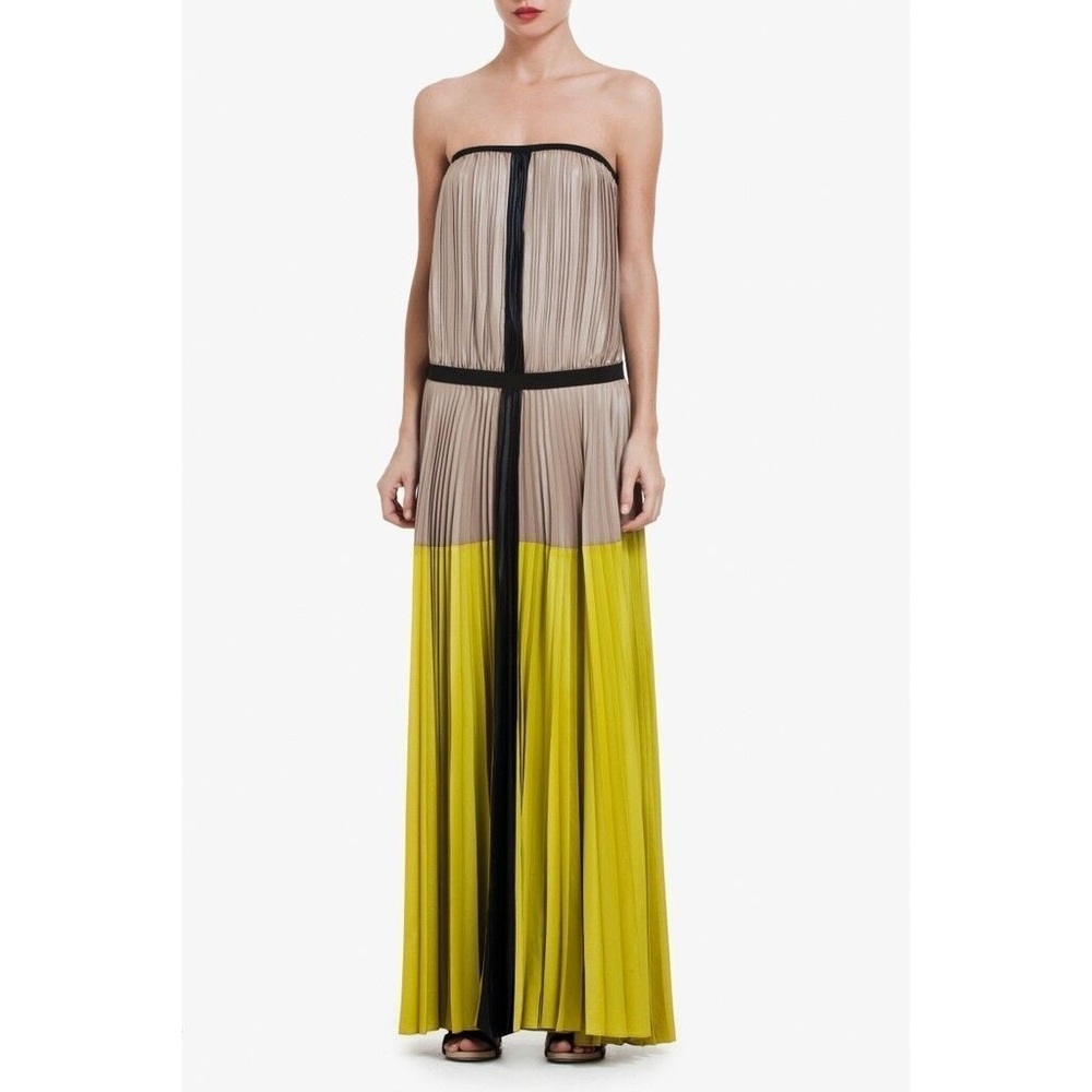 BCBGMaxAzria Satin Pleated Strapless Colorblock Maxi Dress